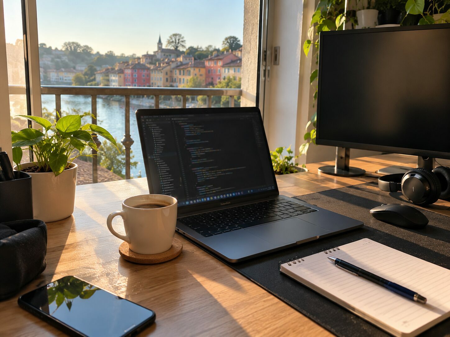 Bureau avec ordinateur portable et vue sur une rivière